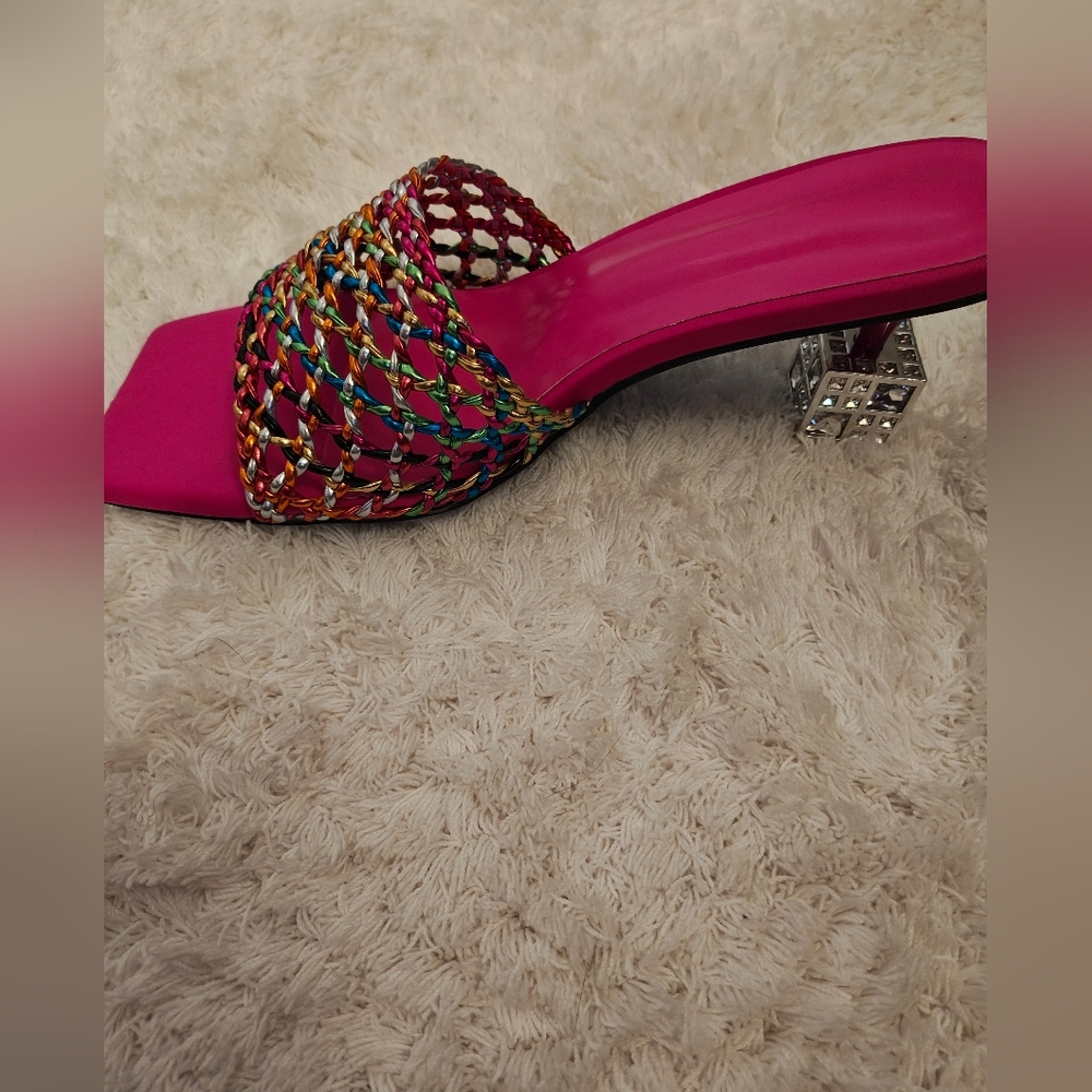 Pink Multicolor Woven Crystal Square Toe Heels